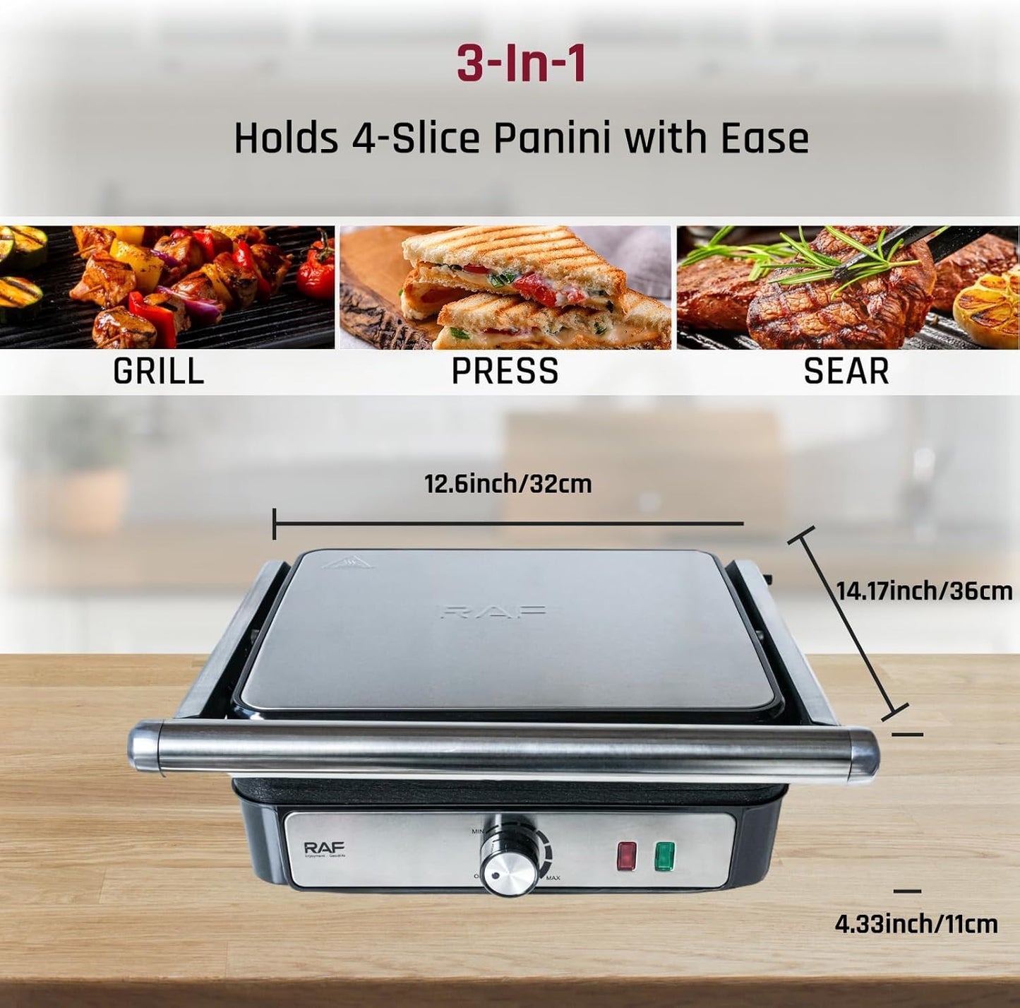 Sandwich Maker, Perborisy 4 Slice 1500w Panini Press Grill with Non-Stick Coated Plates 180-Degree Opening to Fit Any Food Size Stainless Steel Surface and Removable Drip Tray