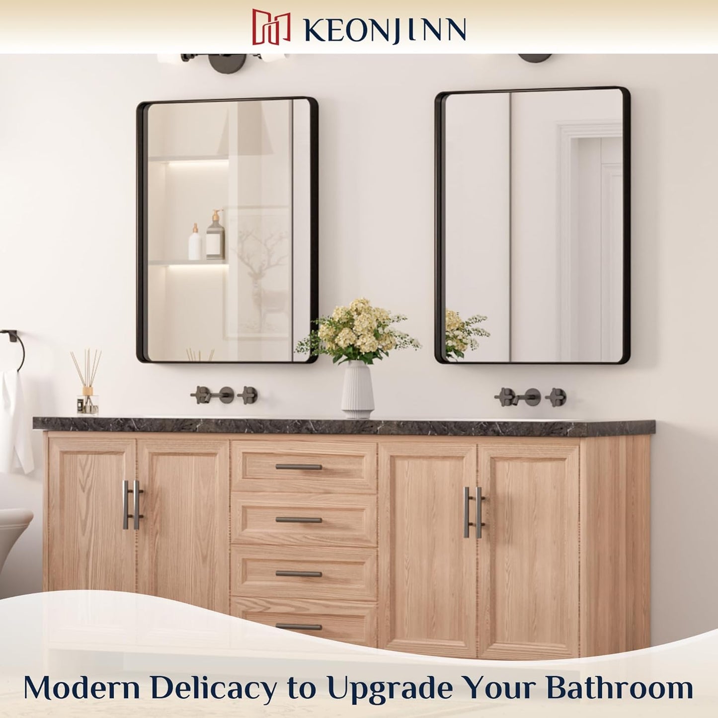 Keonjinn 42 x 36 Brushed Nickel Bathroom Vanity Mirror, Large Rounded Rectangle Bathroom Mirrors for over Sink, Metal Framed Silver Mirror for Wall, Shatterproof HD Tempered Glass(Horizontal/Vertical)