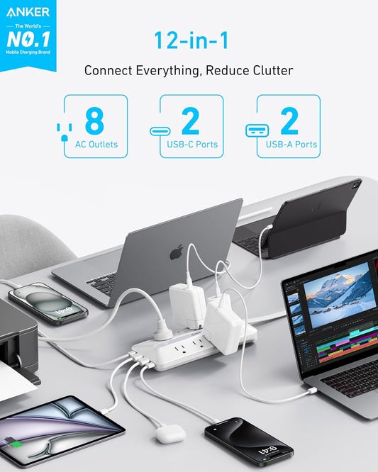 Anker Flat Plug Power Strip, 12-in-1 USB-C Power Strip with 8 AC, 2 USB-C, and 2 USB-A Ports, 5 feet Extension Cord, Slim Desk Charging Station, 900J Surge Protection, 35W Max for Home, Office, Dorm