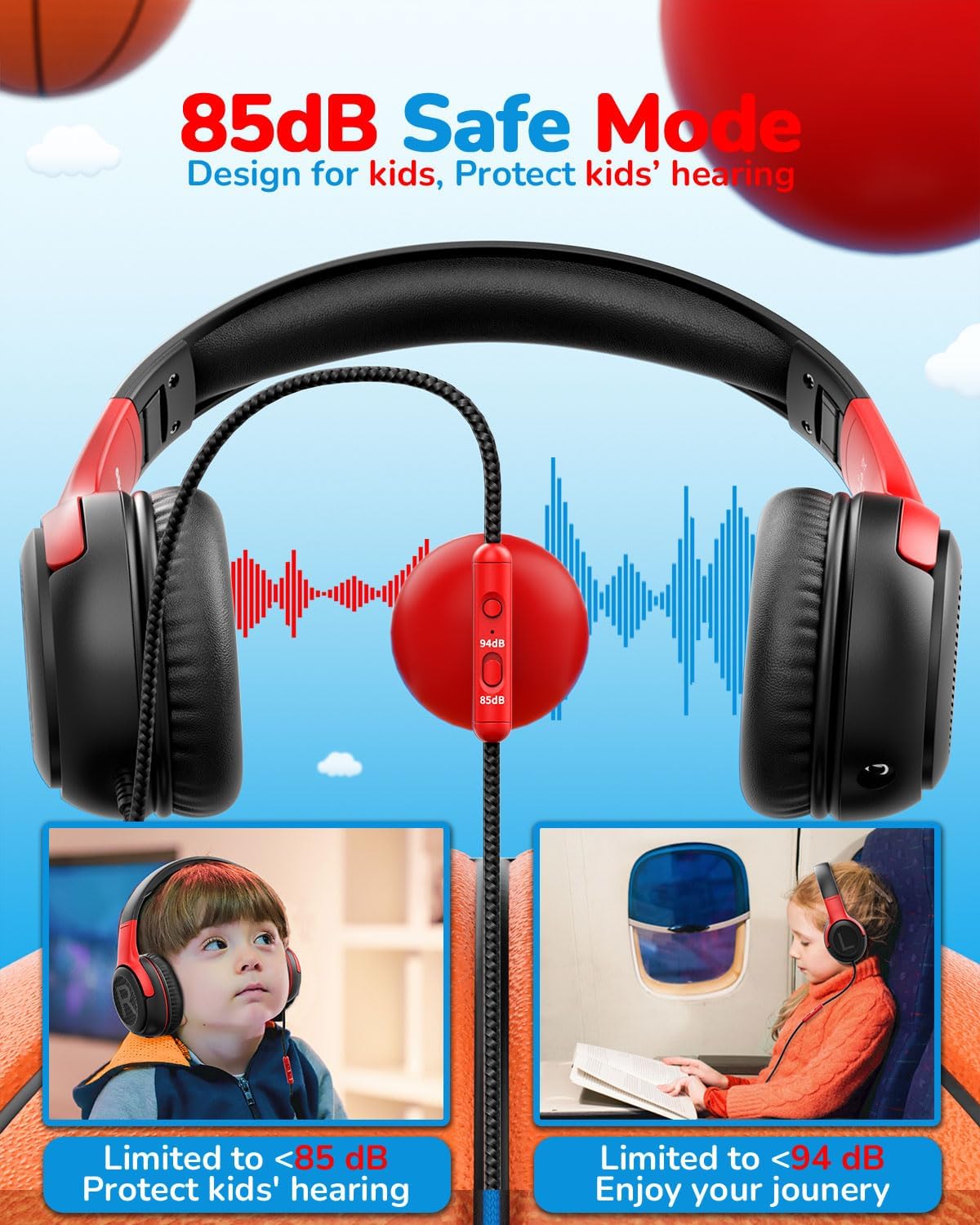 awatrue Kids Headphones with Microphone, Wired Headphones for Kids 85/94dB Safe Volume Limit, Over Ear Headsets, Boys Girls Childrens Headphones for School/Travel/Fire Tablet/BlueOrange