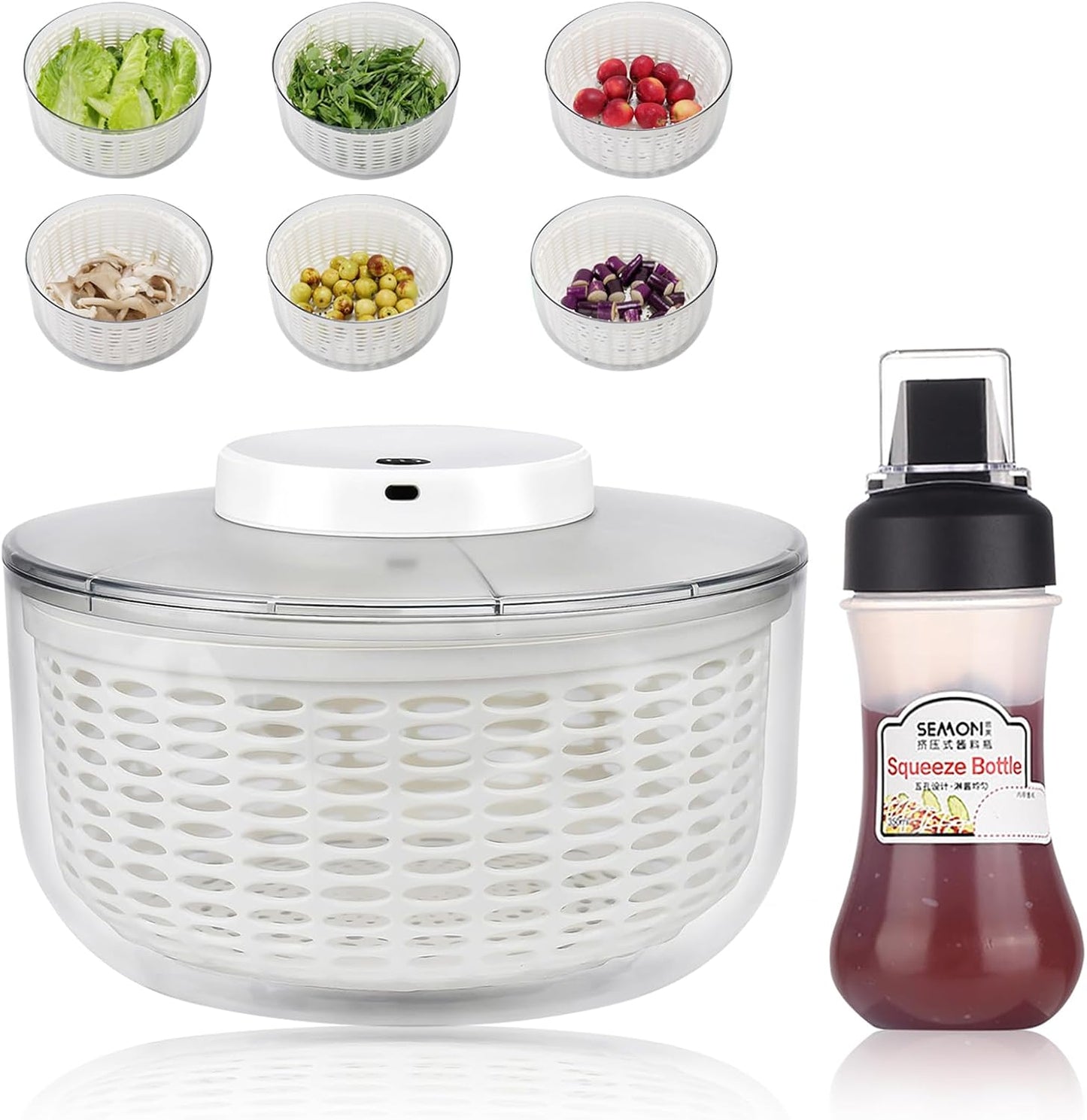Electric Salad Spinner 6L Automatic Salad Spinner with 350 ml Squeeze Bottle, Quick Dehydrator for Fruit Vegetables,Lettuce Spinner with Lid, Multifunction Large Capacity, USB Rechargeable