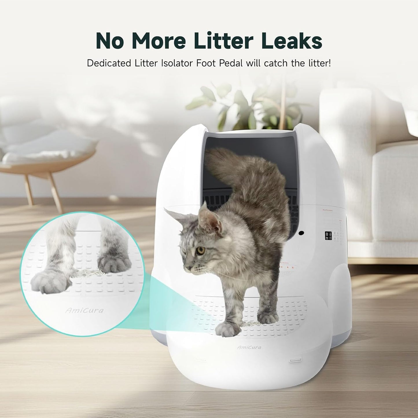 Amicura Automatic Cat Litter Box, Self Cleaning, 360-Degree Detection Smart Anti-Pinch, App Control, Odor-Proof, 65L Extra Large Open-top Cat Litter Box, Ultra Quiet Cat Toilet