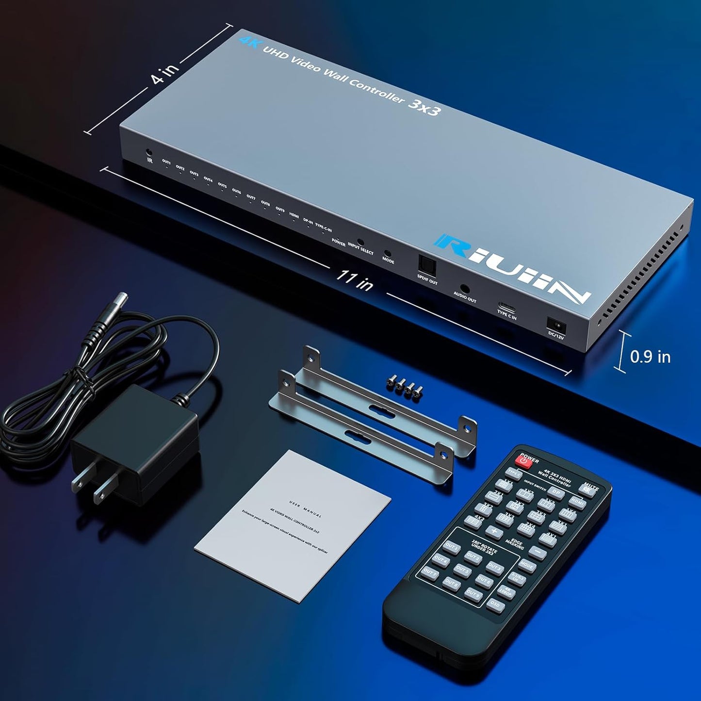 HDMI Video Wall Controller, RIUIIN TV Wall Controller, 4K TV Wall Processor, 180° Rotation, Audio, IR Remote, 2x2,1x2,1x3,1x4,2x1,3x1,4x1, Make 4 tv Screens into Wall Display