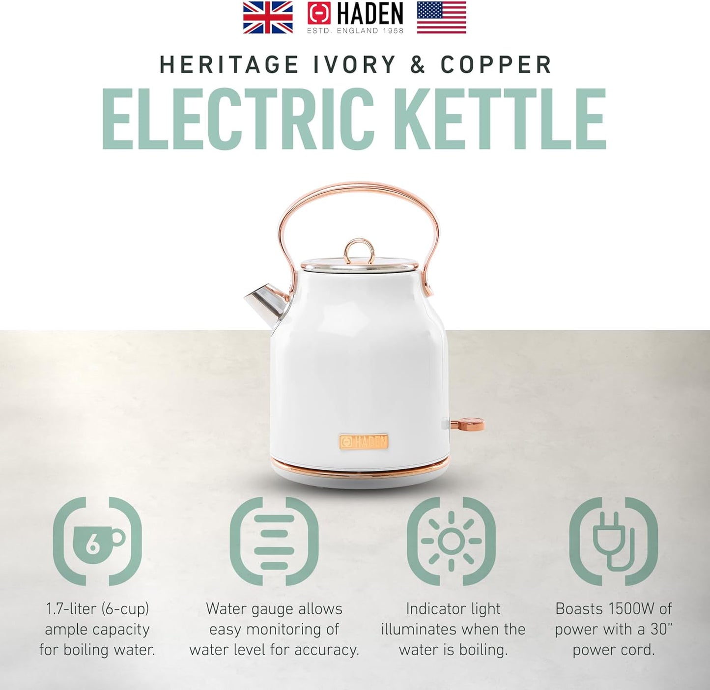Haden 75041 Heritage 1.7 Liter (7 Cup) Stainless Steel Electric Kettle with Auto Shut-Off and Boil Dry Protection, Black/Copper