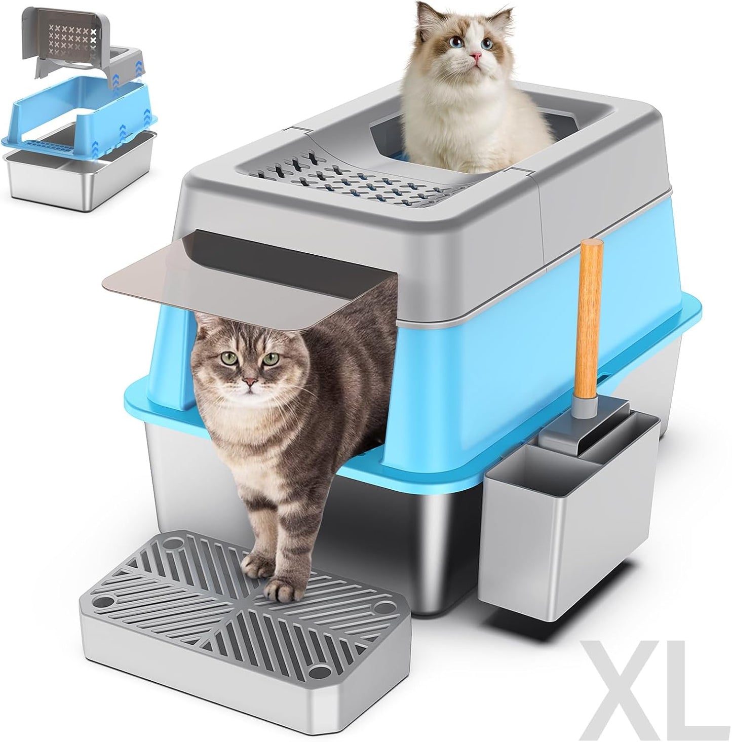 Stainless Steel Litter Box with Lid, XL Extra Large Enclosed Cat Litter Box for Big Cats 110° Flip Cover, Top Entry Metal High Sided Litter Box & Pedal & Scoop, Anti-Leakage (Grey)