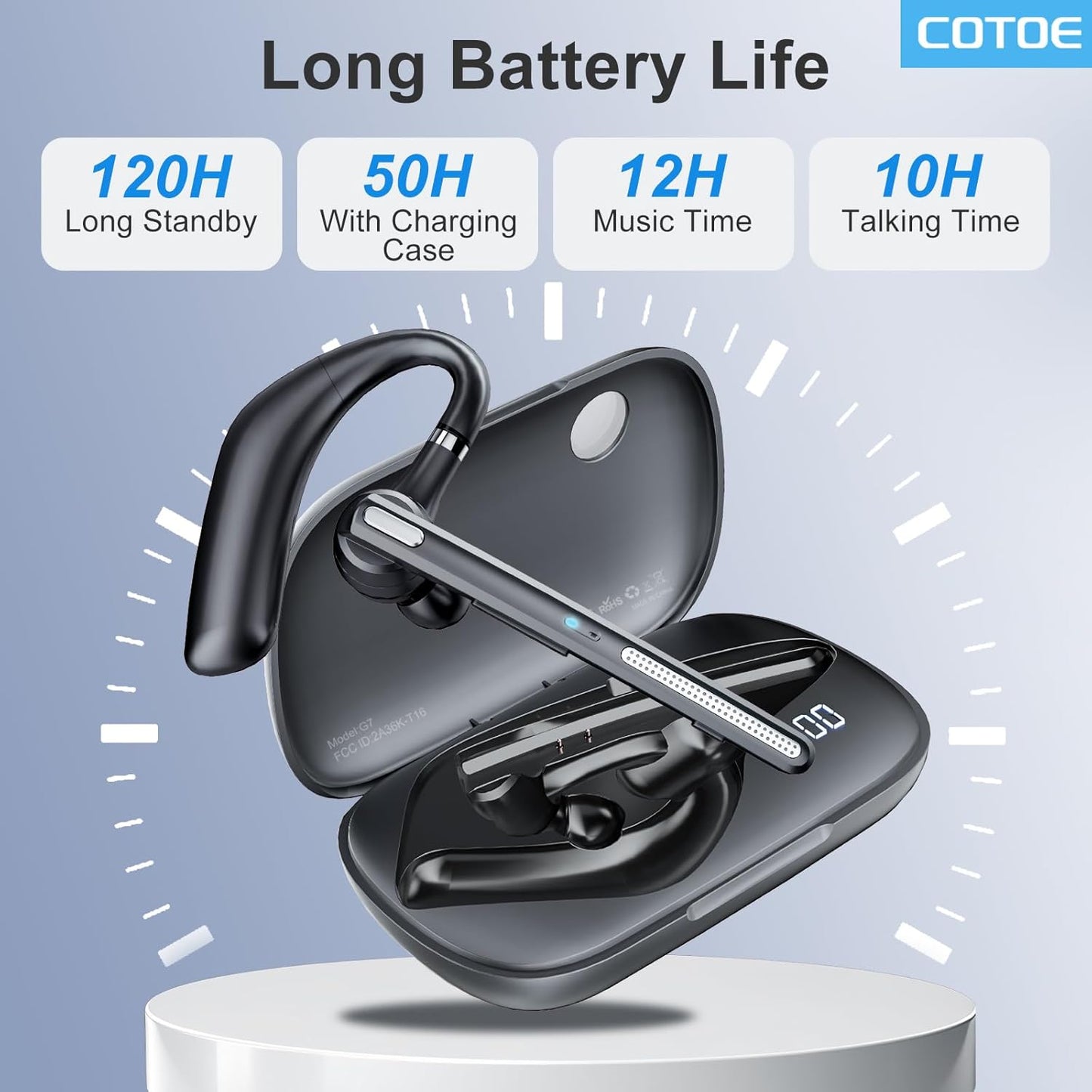 Bluetooth Headset, Bluetooth Earpiece V5.3 with Noise Cancelling Mic, Wireless Headset Hands-Free with High Capacity Battery LED Display Charging Case, Single Ear Headphones for Office/Trucker