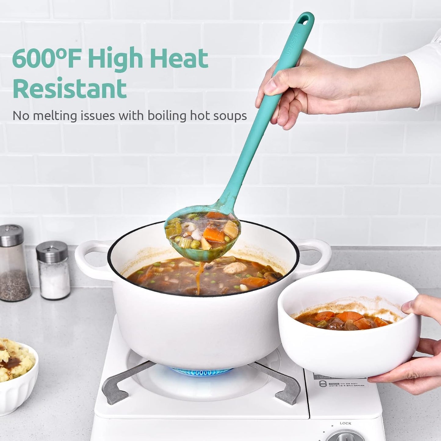 13 inch Silicone Soup Ladle: U-Taste 600ºF Heat Resistant 4 oz Large Non-Stick Seamless Rubber Kitchen Deep Serving Spoon with Non-Slip Solid Long Handle for Cooking Sauce/Stews/Gravies/Chili(Purple)