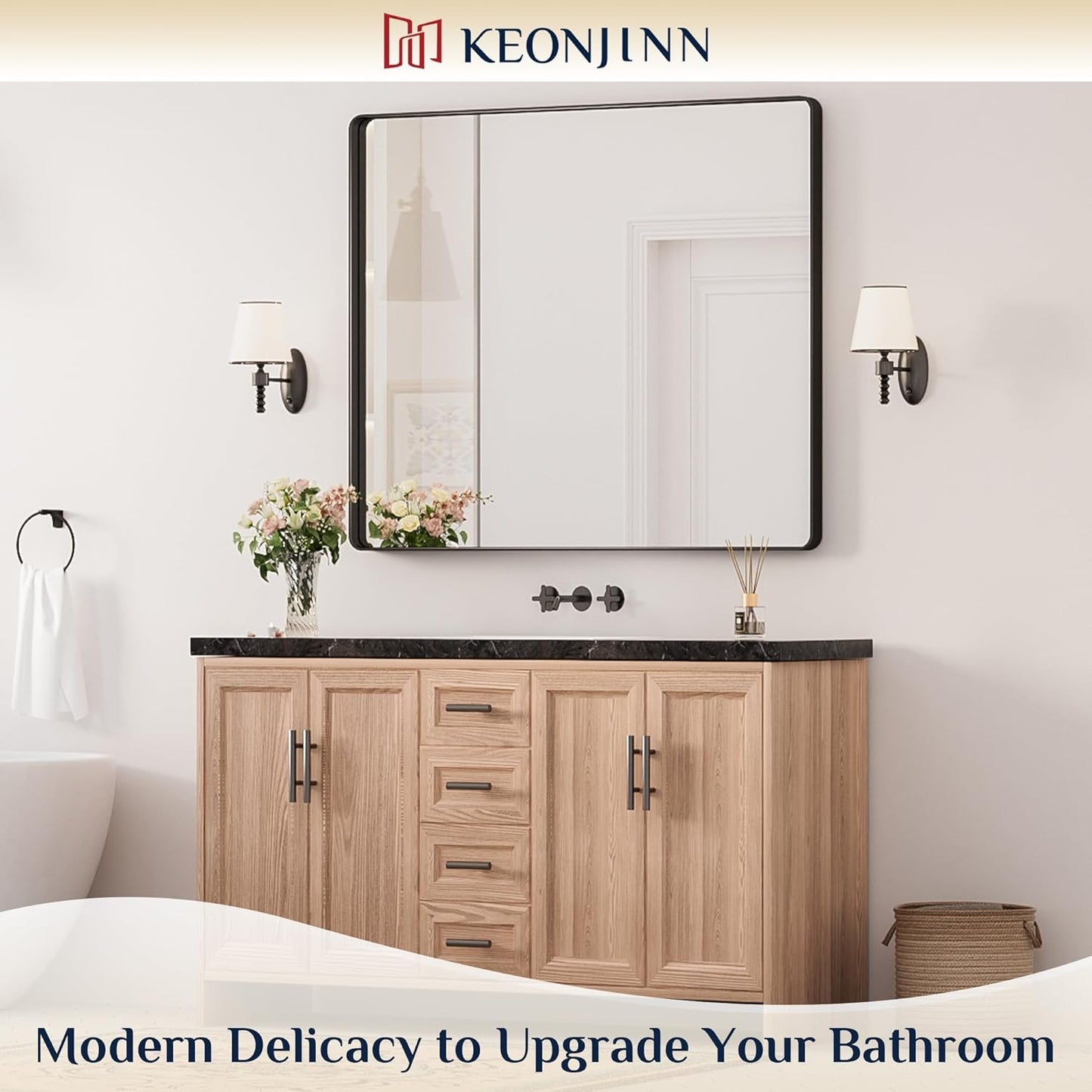 Keonjinn 42 x 36 Brushed Nickel Bathroom Vanity Mirror, Large Rounded Rectangle Bathroom Mirrors for over Sink, Metal Framed Silver Mirror for Wall, Shatterproof HD Tempered Glass(Horizontal/Vertical)