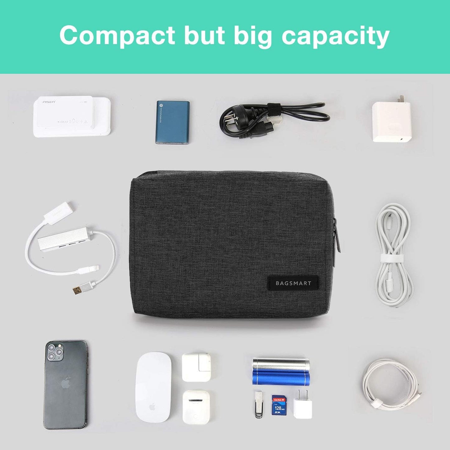 BAGSMART Electronic Organizer, Travel Cable Organizer Double Layer Electronics Accessories Cases Portable for Tablet 7.9", USB Drive, Cords, Black
