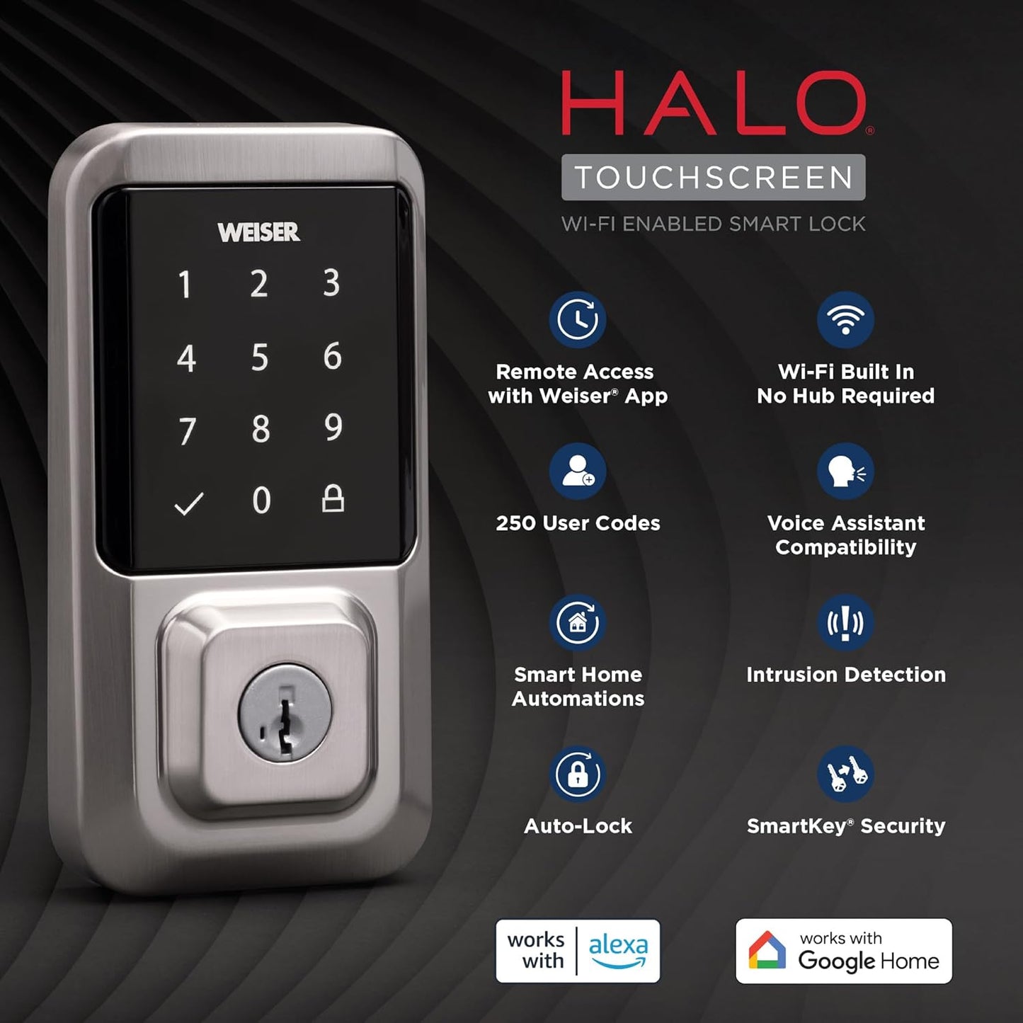 Weiser Halo Matte Black WiFi Smart Lock, Keyless Entry Door Lock, Touchscreen Keypad Door Lock, Amazon Alexa & Google Assistant/Google Home Compatible, Deadbolt Lock, Smart Locks for Entry Door