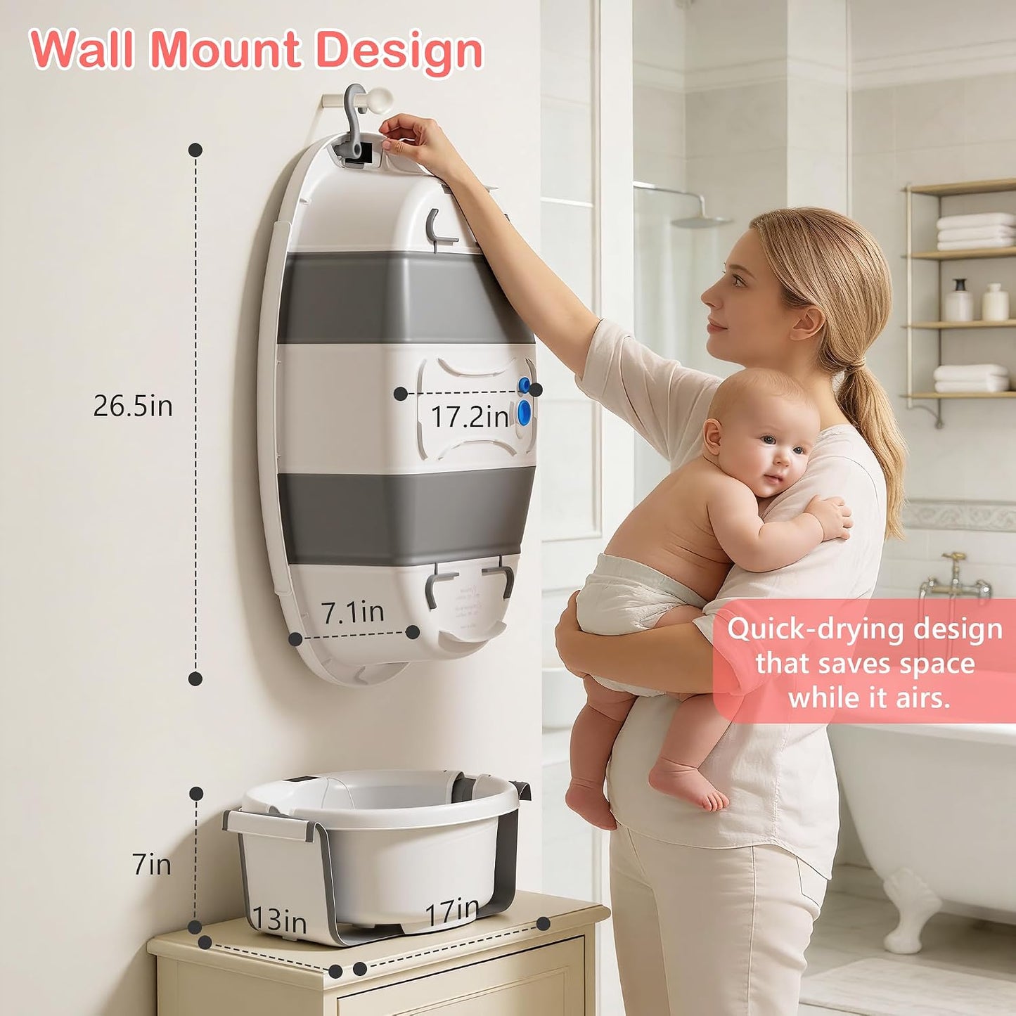 Collapsible Baby Bathtub - Large Baby Bath Tub with Thermometer | Bath Essential Bañera para Bebe Easy Fold Baby Tub | Travel Infant Newborn Toddler Bathtub for Baby Girl Boy 0 to 36 Months (Grey)