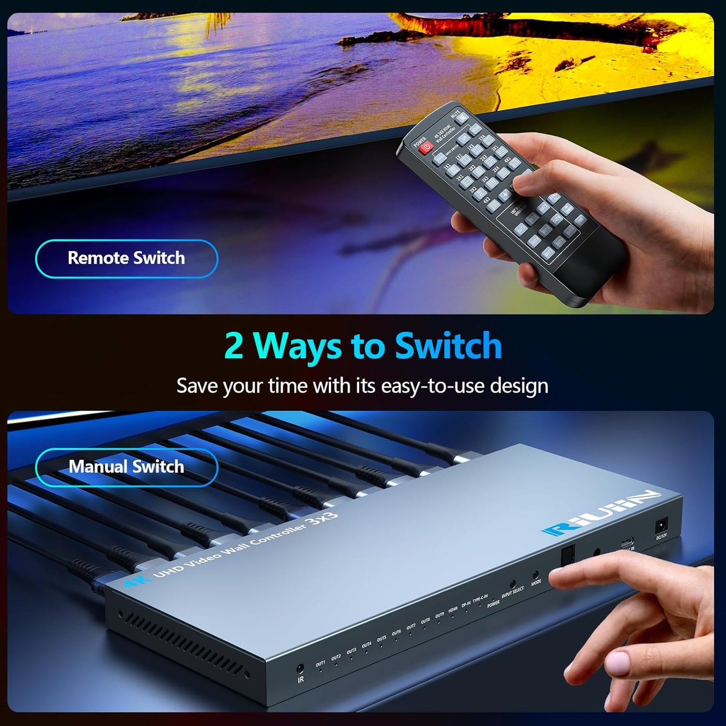 HDMI Video Wall Controller, RIUIIN TV Wall Controller, 4K TV Wall Processor, 180° Rotation, Audio, IR Remote, 2x2,1x2,1x3,1x4,2x1,3x1,4x1, Make 4 tv Screens into Wall Display