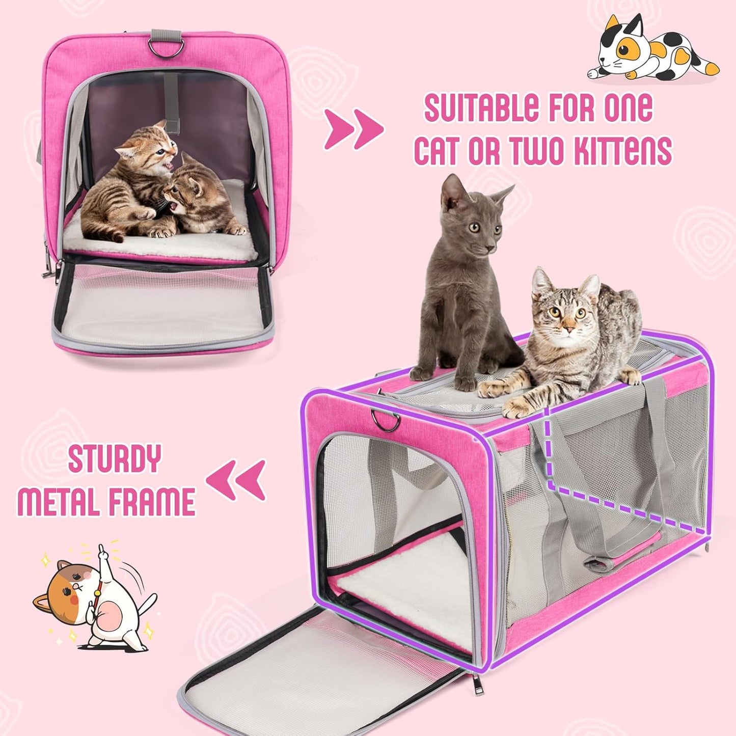 Pet Carrier for Large Cats of 20 Lbs, Collapsible Carrier Bag for Big Cat or 2 Kittens,Soft Sided Puppy Carrier with Sturdy Travel Transport Strap, Adequate Ventilation, 4 Mesh Windows (Blue)