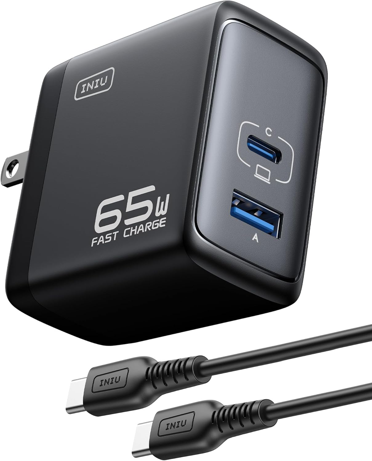 INIU USB C Charger, 65W Fast Charging GaN Wall Charger, 2-Port Compact Foldable PD PPS Charger Block for MacBook Pro/Air, iPad Pro, iPhone 16/15, Galaxy S23, Dell XPS 13, Note 20/10+, Steam Deck