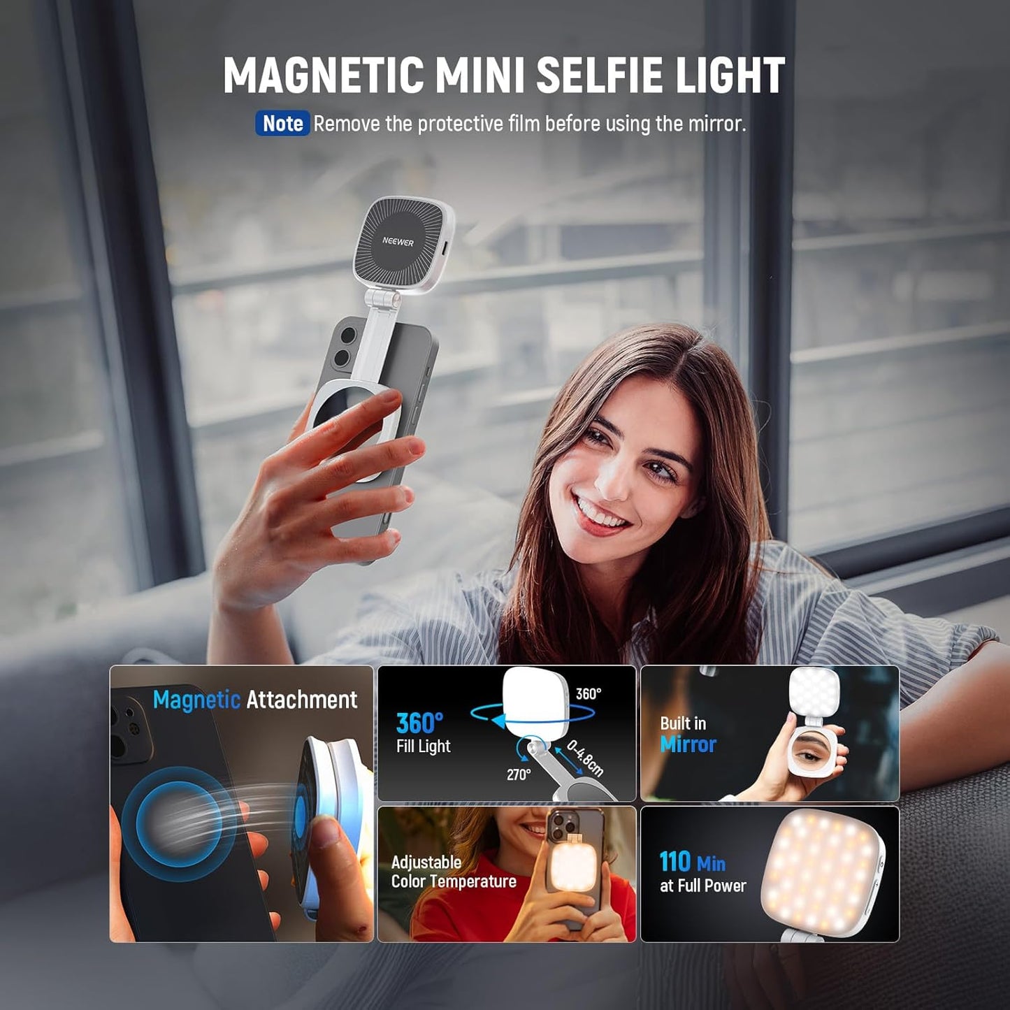 NEEWER BASICS Magnetic Selfie Light Compatible with MagSafe iPhone,CRI95 700lx/0.3m Folding LED Phone Fill Ring Lighting with Mirror for Zoom Makeup Photography Recording Video Conference, Black NL48B