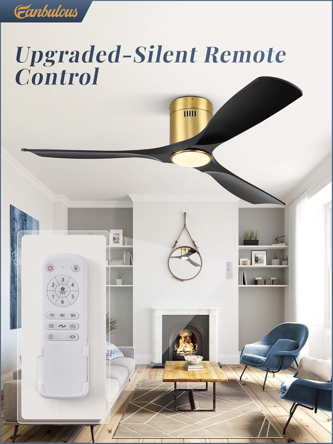 Fanbulous 52" Ceiling Fans with Lights and Remote Control,Modern Flush Mount Ceiling Fan with 3 LED Colors,Outdoor Low Profile Ceiling Fans with 6-Speeds Timer DC Motor for Bedroom Living Room Patio