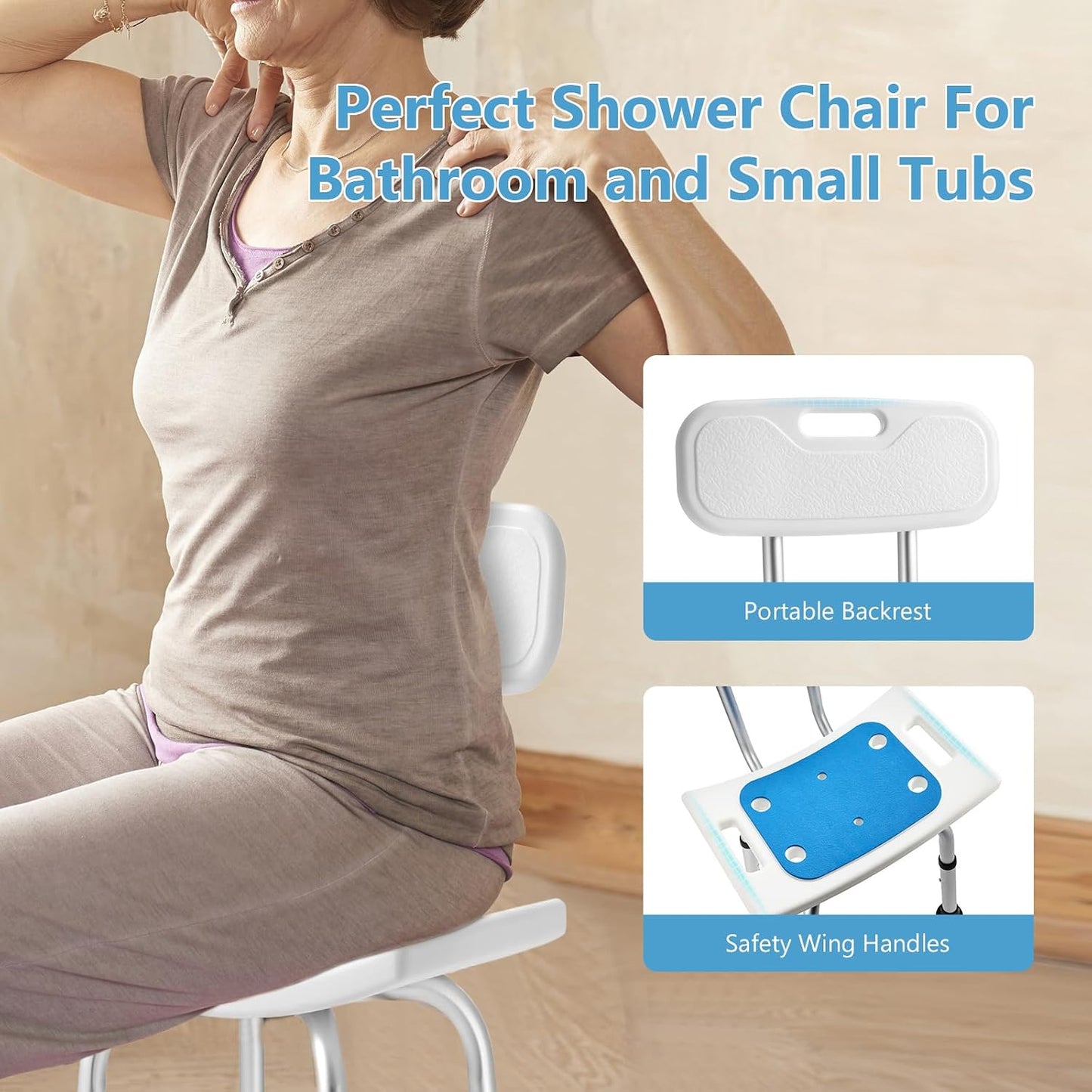 Shower Chair with Back Removable - 2 in 1 Nonslip Shower Stool for Inside Shower, Adjustable Shower Seat for Seniors, Elderly, Handicap, Disabled 300LBS