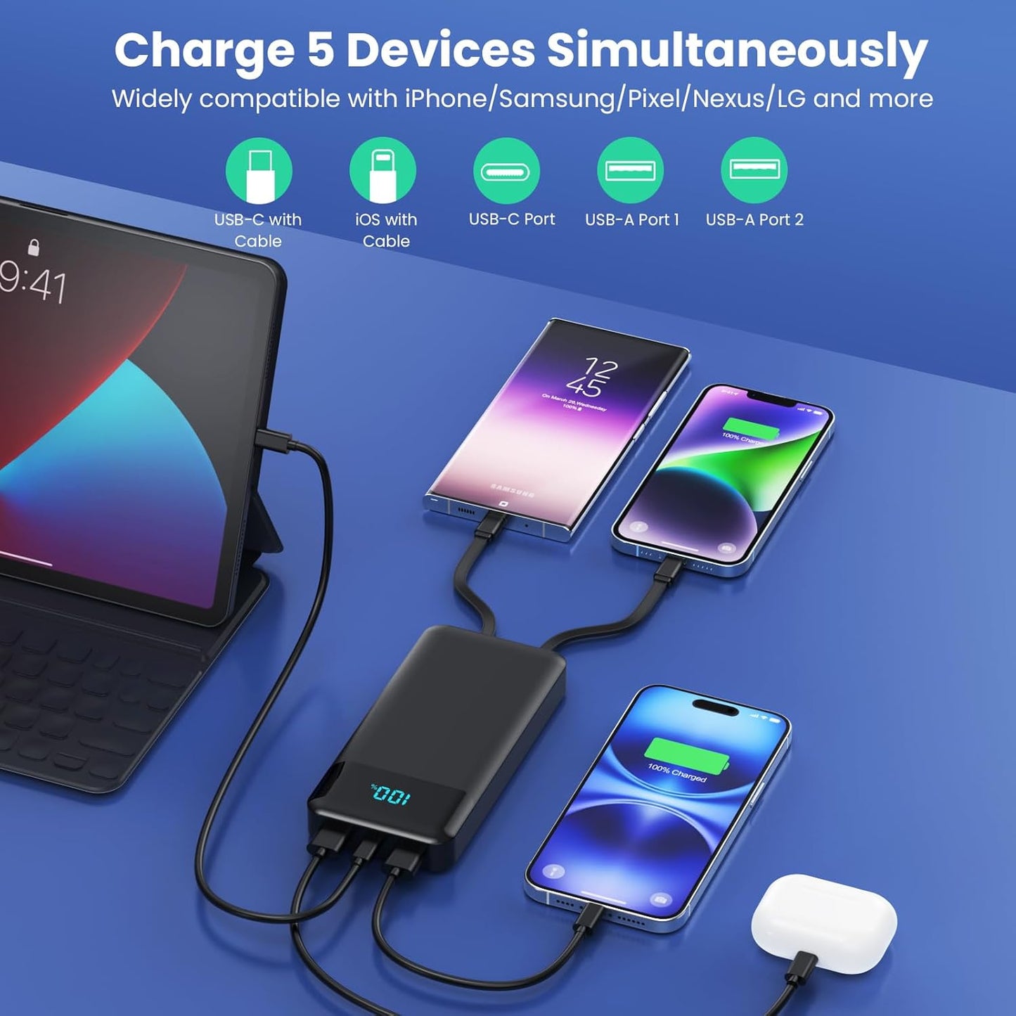 Power Bank 40800mAh Portable Charger with 3 Built-in Cable,25W PD USB C in&Out Power Bank Fast Phone Charging,QC4.0 LED Display Portable Battery Pack Compatible with iPhone 16/15,Samsung Android-Black