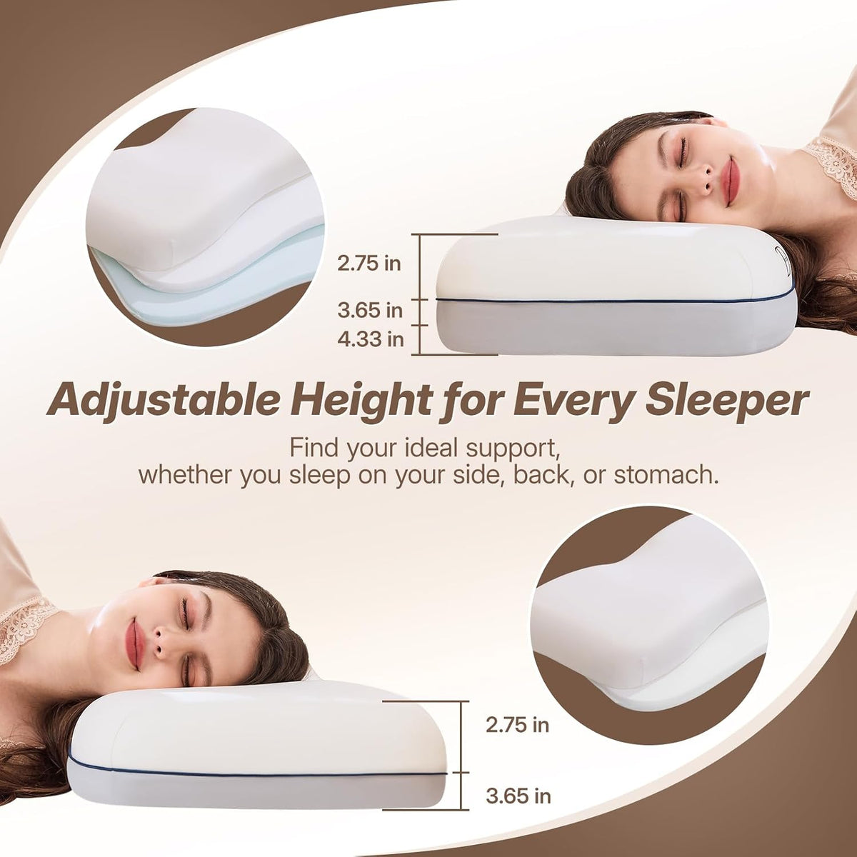 Cervical Neck Pillow for Neck & Shoulder Support, Adjustable Memory Foam Pillow with Customizable Height and Firmness, Ergonomic Pillow for Side, Back, Stomach and Combination Sleepers, White