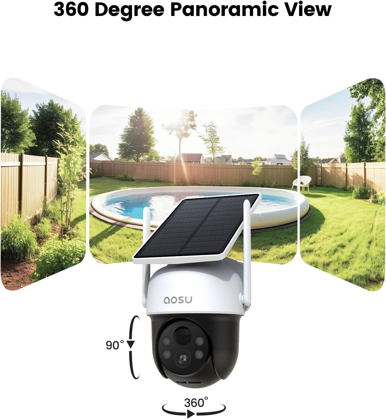 AOSU Solar Camera Outdoor Wireless - 100% Wire-Free Outdoor Security Camera Wireless with Fixed Solar Panel,360° Panoramic View, Human Auto Tracking, 2K Color Night Vision