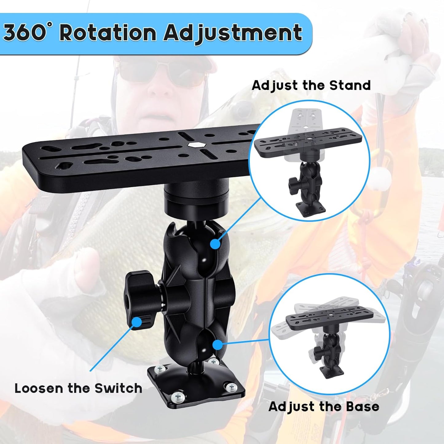 Fish Finder Mount Base, 360° Rotating Boat Electronics Holder, Marine-Grade Composite Mount for Fishfinder, Compatible with Garmin,Lowrance,Humminbird,Raymarine (360° Rotating Fishfinder Holder)