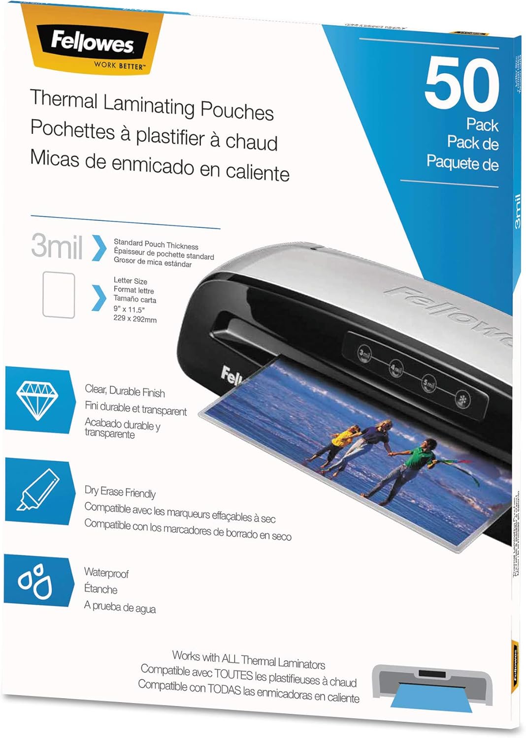 Fellowes Thermal Laminating Pouches, Letter Size Sheets 9 x 11.5-Inches, 3 mil, 200 Pack (5743401), Clear