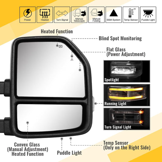 Towing Mirrors for 2021-2026 Ford F150, 2023-2026 F250 F350 F450 Manual Fold, Turn Signal & Running Light Power Adjusted Double Heated Glass Temperature Sensor (White Lens Unpainted Black)