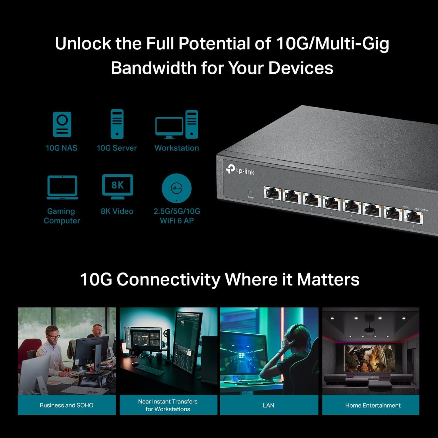 TP-Link TL-SX1008 | 8 Port 10G/Multi-Gig Unmanaged Ethernet Switch | Desktop/Rackmount | Plug & Play | Sturdy Metal Casing | Limited Lifetime Protection | Speed Auto-Negotiation