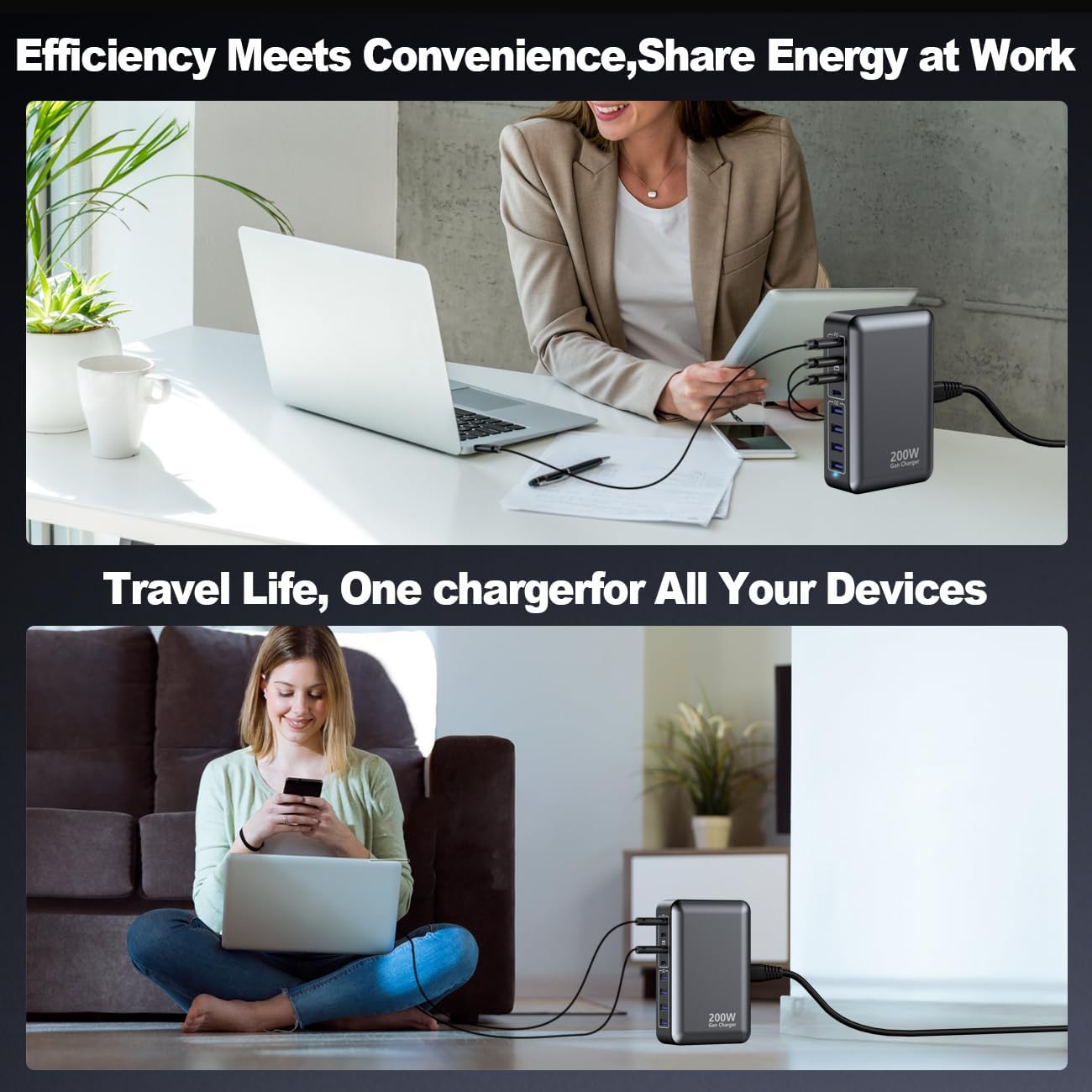 USB C Charger 200W Charger Block, 8-Ports Gan Fast Charging Station Hub, PD 65W Laptop Charging Adapter Compatible with MacBook Pro/Air, DELL, Steam Deck, iPhone 16/15/14, Galaxy S24/S23/S22