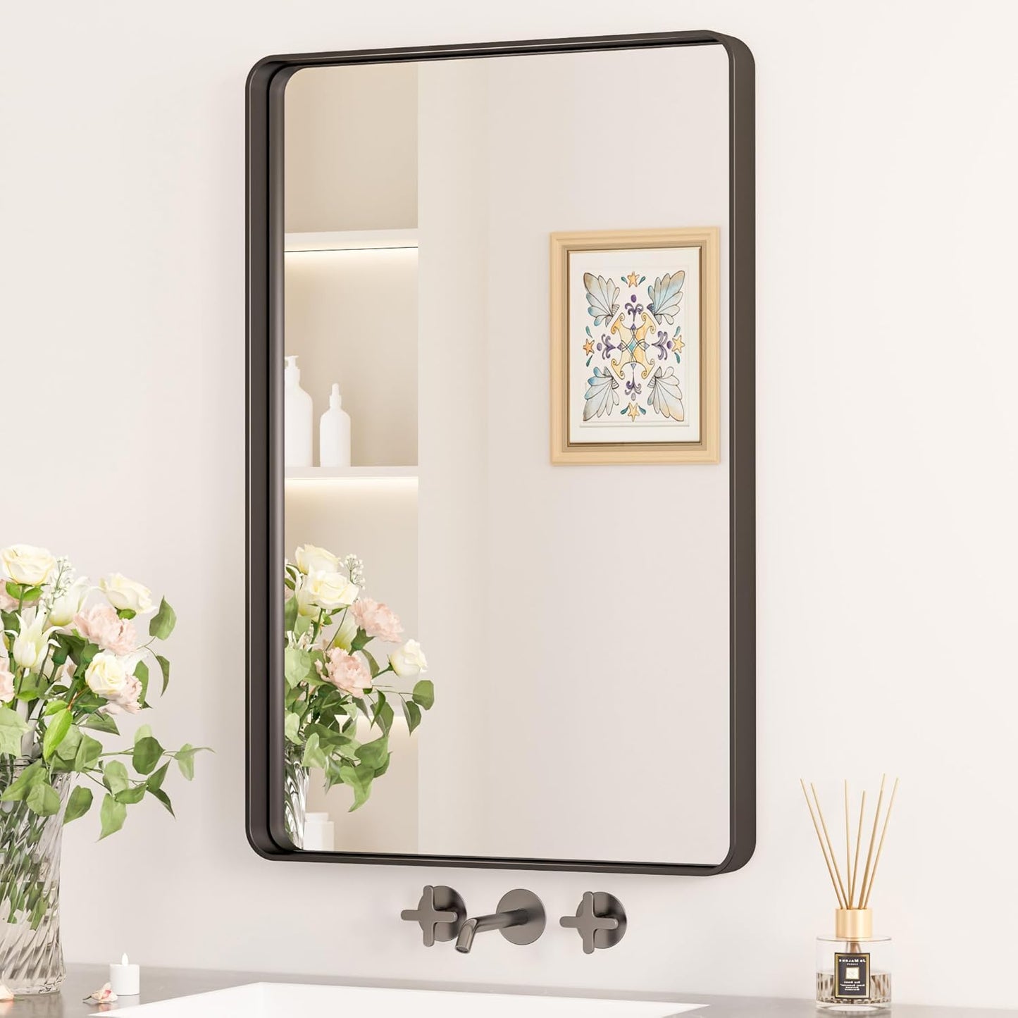 Keonjinn 42 x 36 Brushed Nickel Bathroom Vanity Mirror, Large Rounded Rectangle Bathroom Mirrors for over Sink, Metal Framed Silver Mirror for Wall, Shatterproof HD Tempered Glass(Horizontal/Vertical)