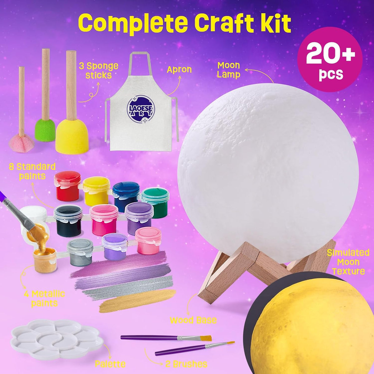 Paint Your Own Moon Lamp Kit for Kids – DIY 3D Moon Night Light with Wooden Stand, Creative Arts and Crafts Painting Set for Boys and Girls Ages 3–12+ - PuriLite