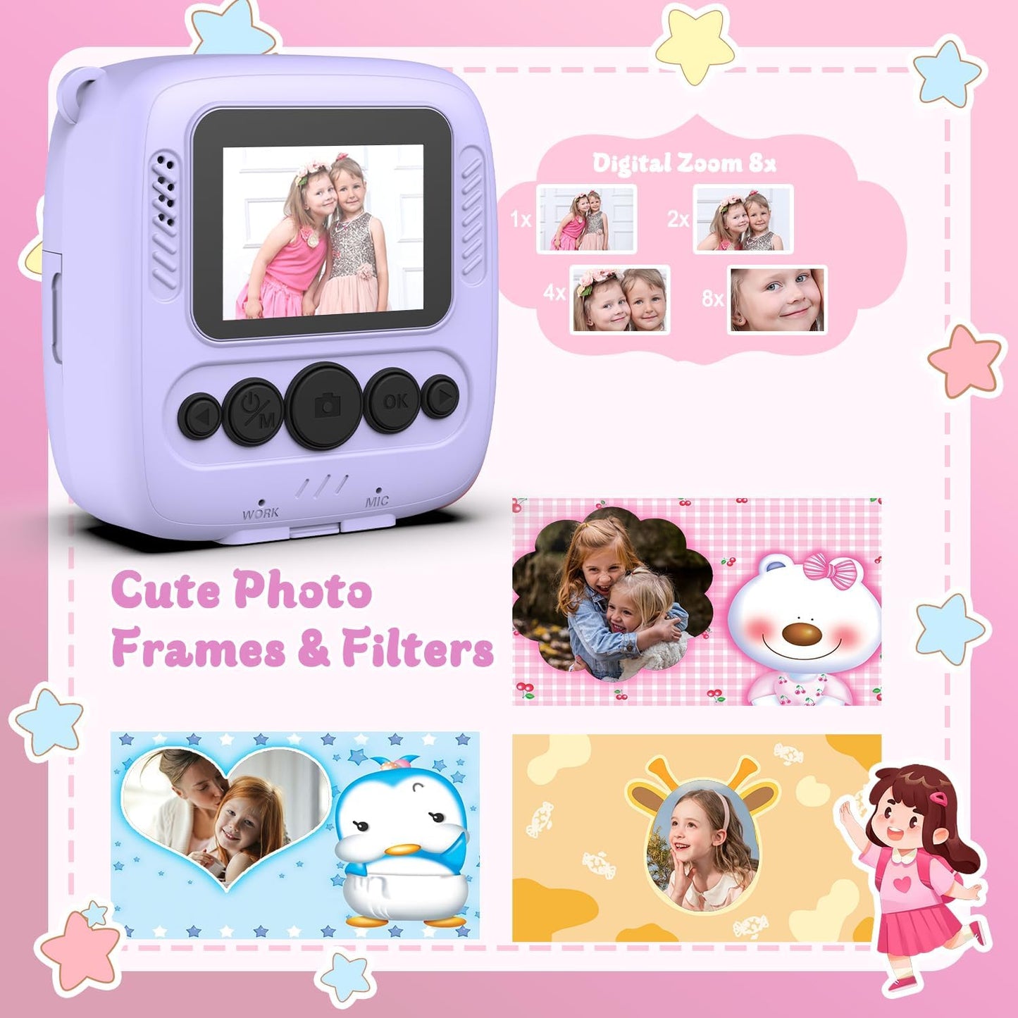 Kids Camera Instant Print, Christmas Birthday Gifts for Kids Age 3-8, 1080P Digital Camera with 32GB Card, Toddler Portable Travel Camera Toys for 4 5 6 7 8 9 10 Year Old Girls Boys Purple