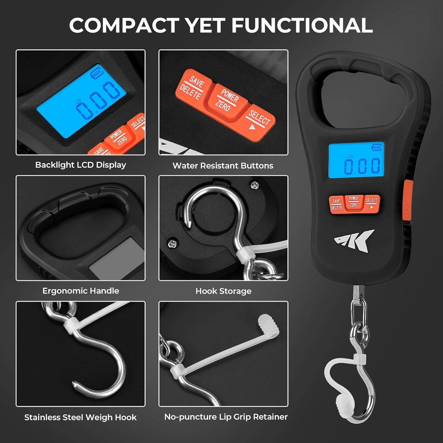 KastKing Fish Scale with Lip Gripper, ToughTide USB Charging Fishing Scale Built-in Measuring Tape, 65lb Capacity, Ultra-Thin Digital Fish Scale, LCD Display, Ergonomic Handle, Black Combo