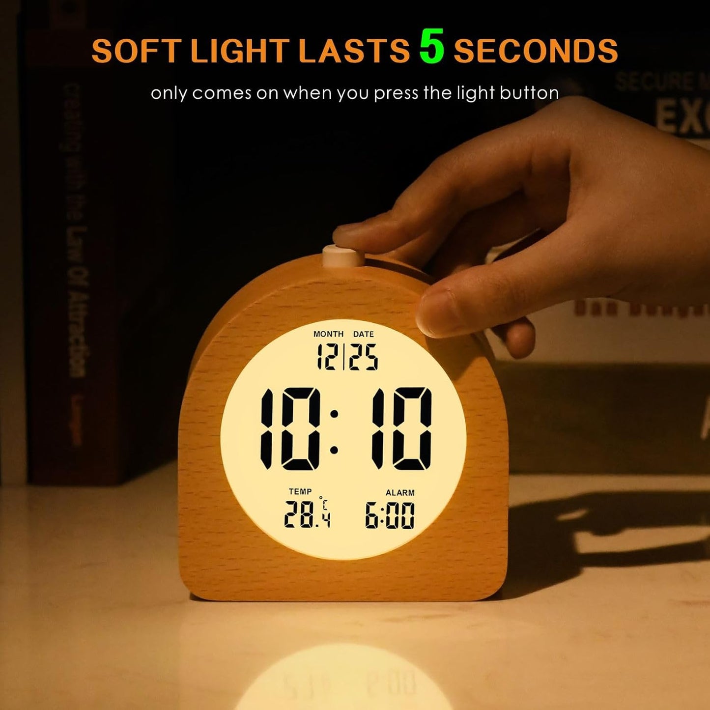 Plumeet Wooden Digital Alarm Clock for Bedrooms, Wood 4'' Battery Powered Alarm Clock with Snooze and Nightlight, Electronic LCD Desk Clock Display Time, Date, Temp, 12/24H, Wood Décor (Sapele, 3.2'')