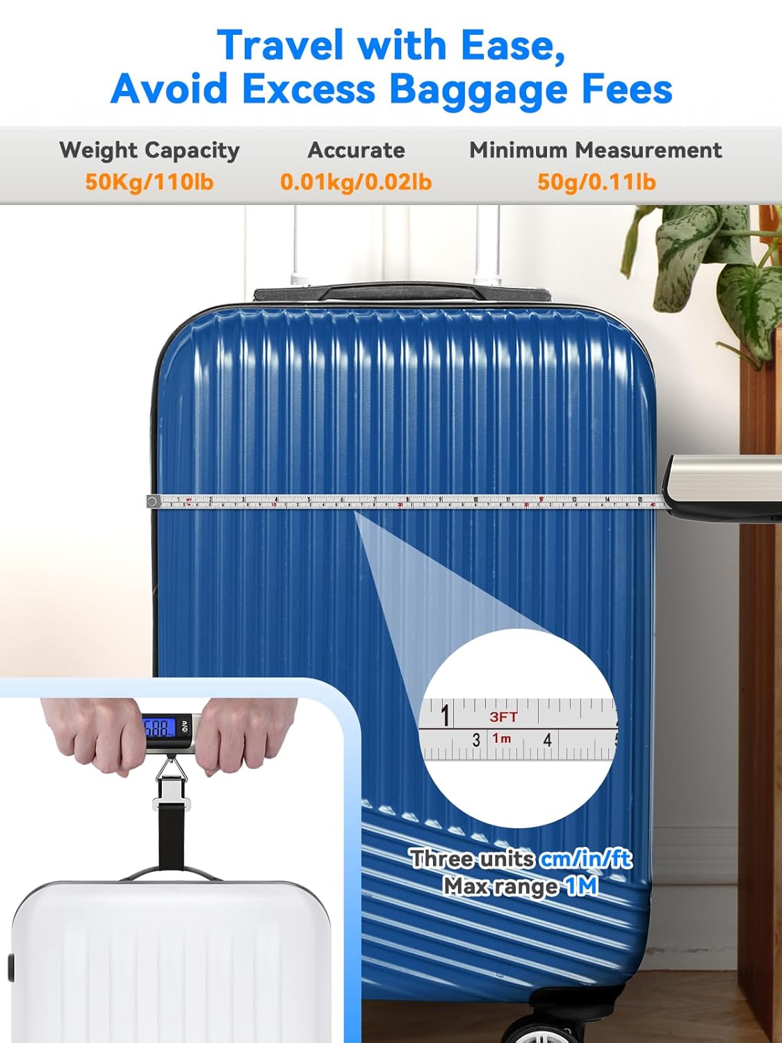 Luggage Scale, Dr.meter Digital Hanging Weight Scale with Tape Ruler, Portable Suitcase Scale 110lb/50kg Backlight LCD Display Electronic Scale Travel Essentials Traveler Gifts, Overload Alarm-Silver - PuriLite