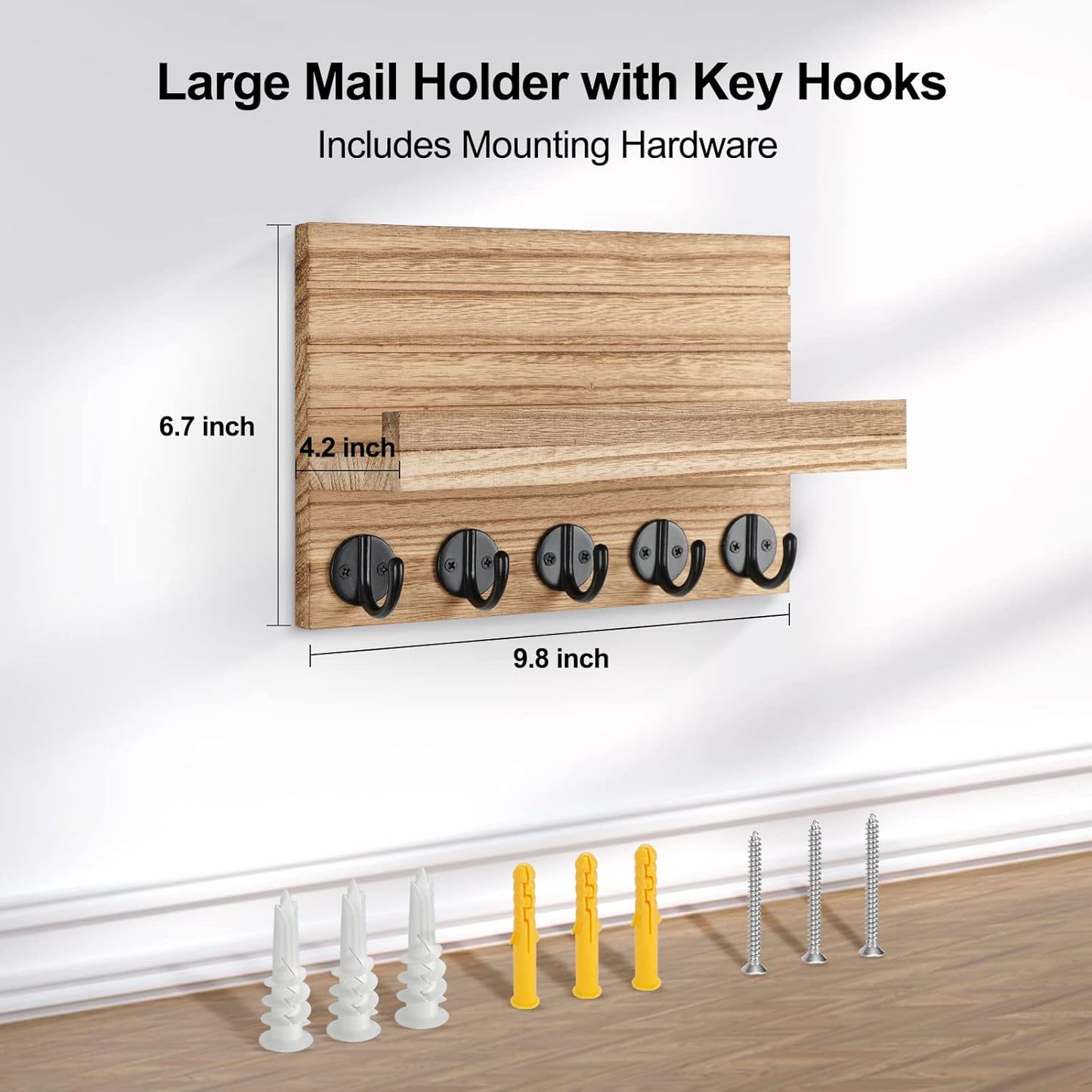 Lwenki Key Holder for Wall, Decorative Key and Mail Holder with Shelf Has Large Key Hooks for Bags, Coats, Umbrella – Paulownia Wood Key Hanger with Mounting Hardware (Black)