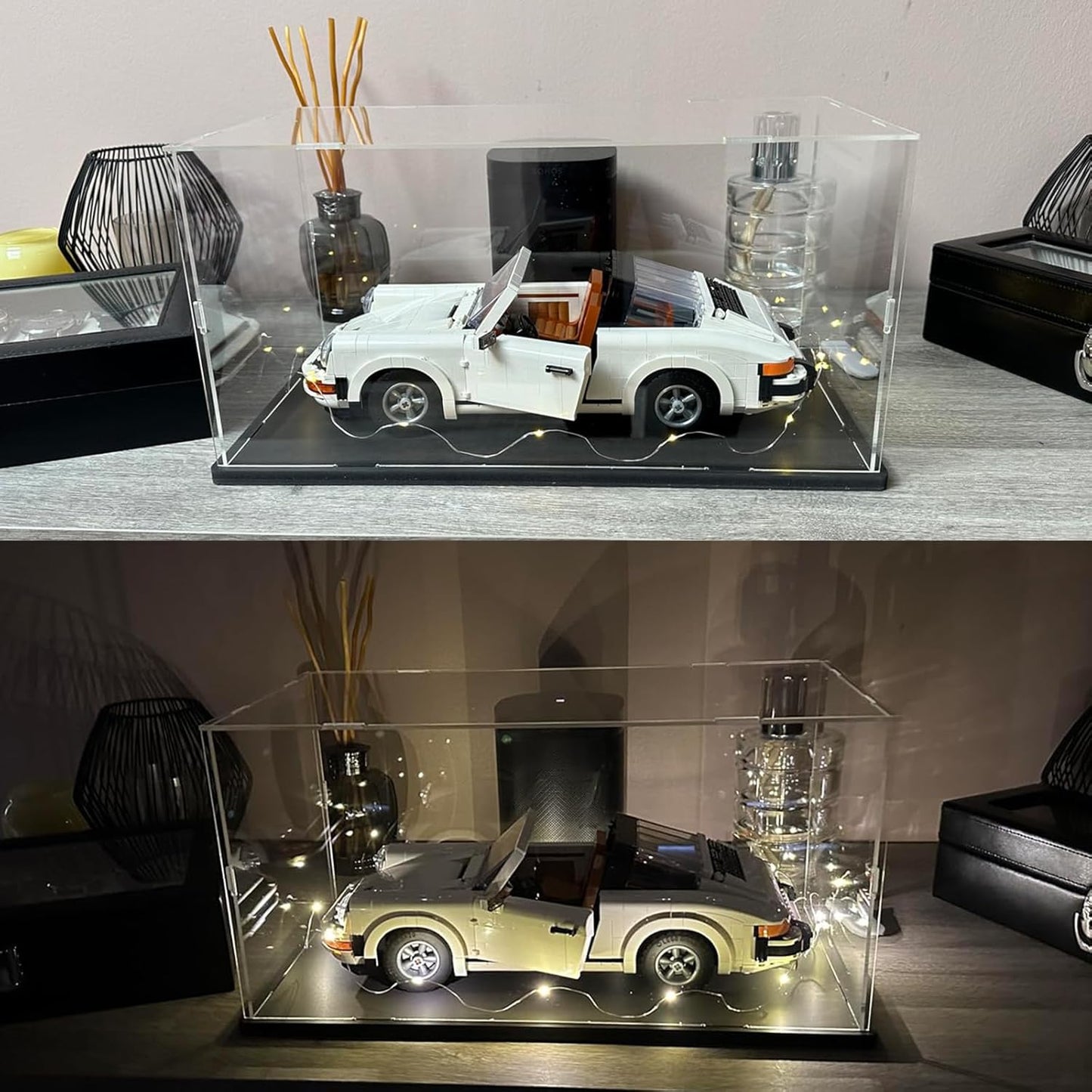 Thickened Clear Acrylic Display Case for Lego 10330 43268 76450 42170 10295 10353 Collectibles, Transparent Box Dustproof Protection with Wood-Plastic Base & String Light, Black Inside 40x20x20cm