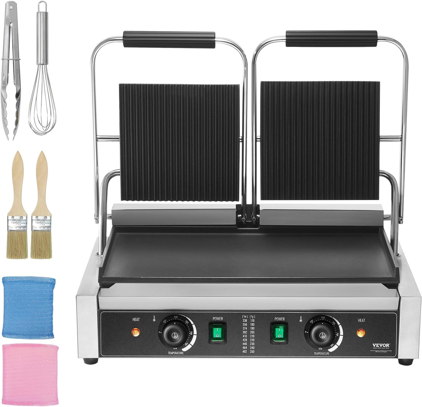 VEVOR 7 IN 1 Electric Contact Grill,1800W Indoor Panini Press Griddle,Stainless Steel Teppanyaki Grill with Nonstick&Removable Iron Plate, 0-446℉ Adjustable Temp Control,LCD Display,110V