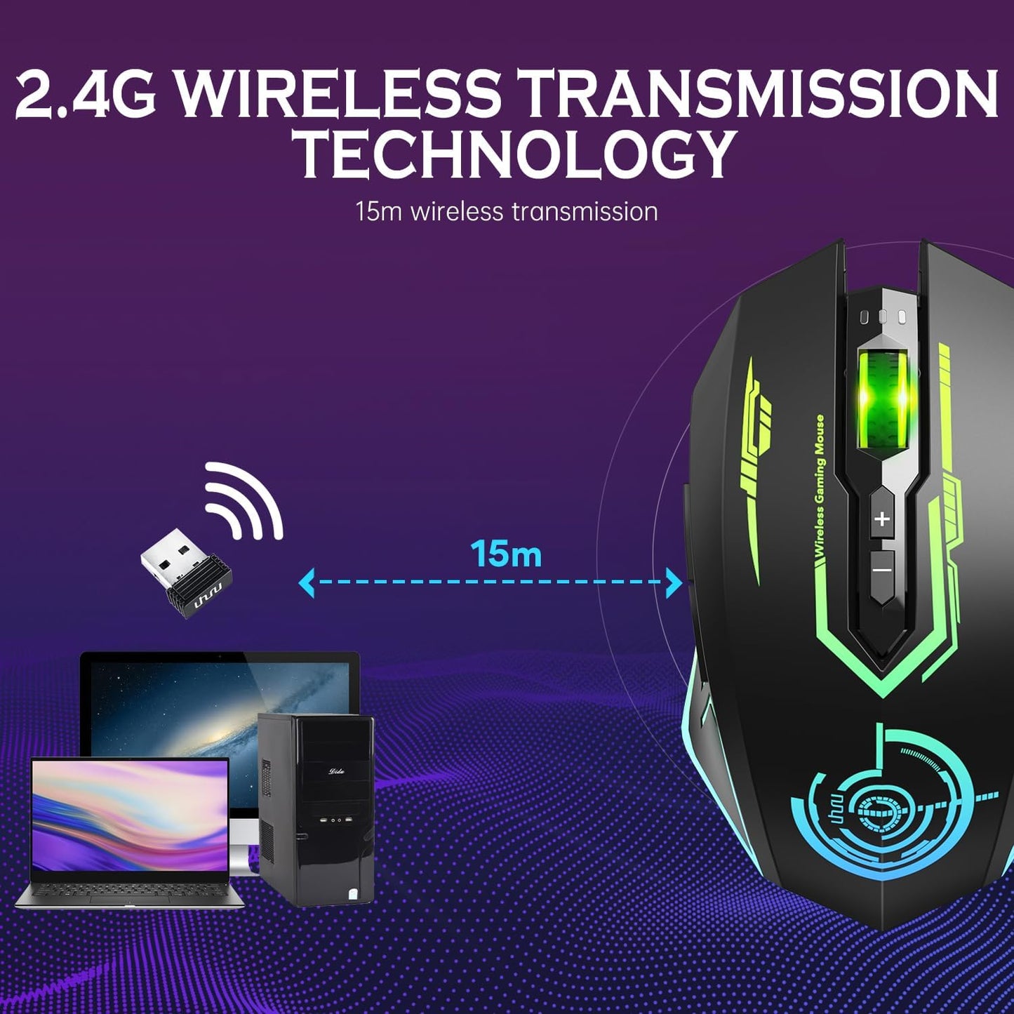 Wireless Gaming Mouse Up to 10000 DPI, UHURU Rechargeable USB Wireless Mouse with 6 Buttons 7 Changeable LED Color Ergonomic Programmable MMO RPG for PC Laptop, Compatible with Windows Mac