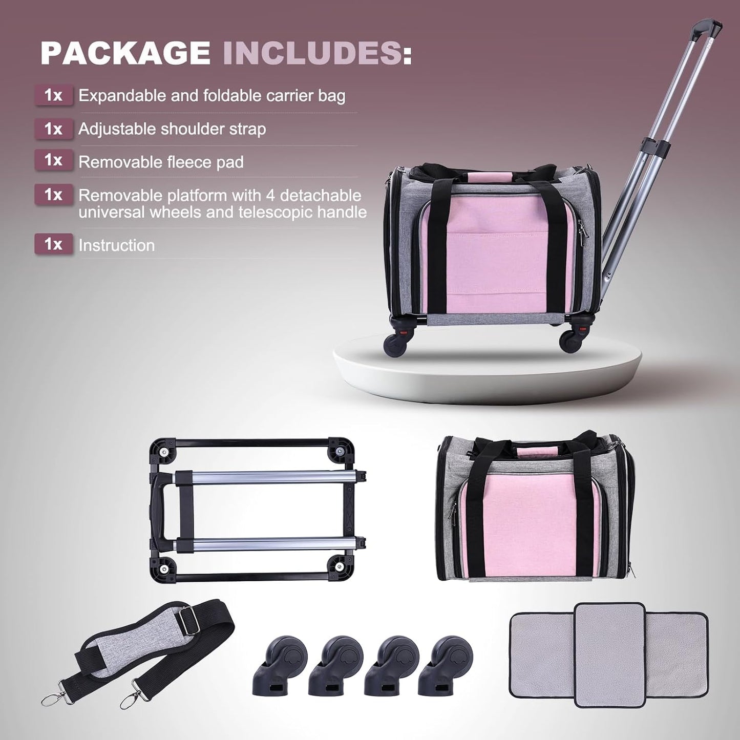 Pet Carrier Airline Approved on Wheels - Two Sided Expandable Cat Soft Carrier for Puppy and Cats Under 26lbs, Rolling Cat Carrier for Airplane, Camping, Outdoor(Pink)