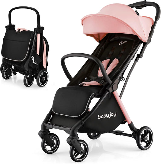 BABY JOY Lightweight Baby Stroller, Compact Travel Stroller for Airplane with Adjustable Backrest & Canopy, Storage Basket, Self Standing Gravity Fold, Aluminium Frame for Infant Toddler (Pink)