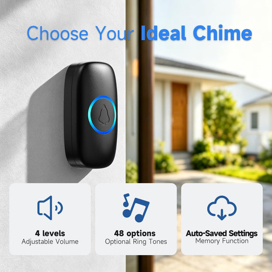 Wireless Doorbell with 48 Chimes, Door Bell Kit with 1000ft Range, Easy Installation, Loud 4 Volume Levels, LED Indicator, Waterproof, for Home Office Classroom, Black