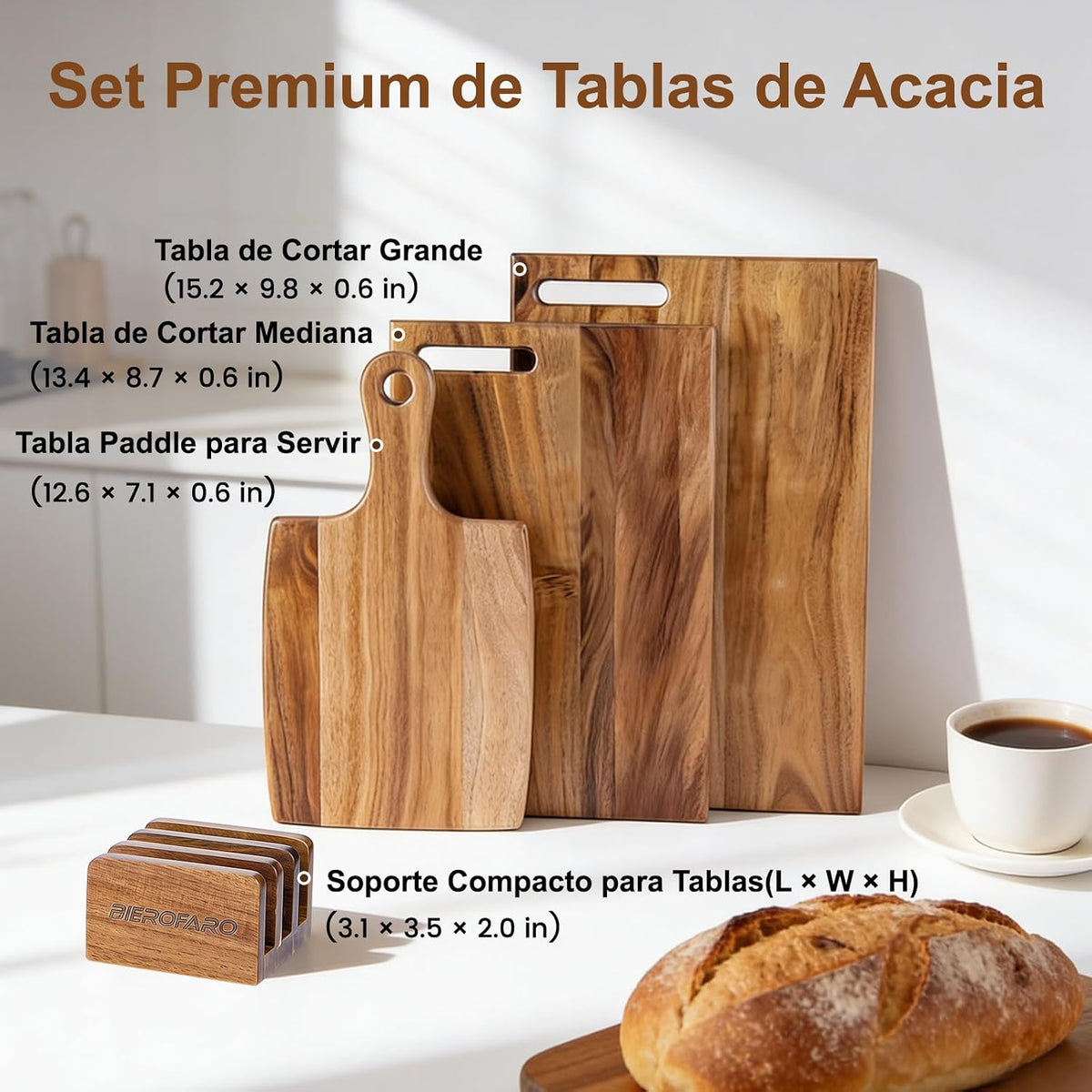Acacia Wood Cutting Board Set of 3 with Holder, Wooden Cutting Boards for Kitchen, Chopping Board Set with Handle for Meat, Bread, Cheese & Serving, Charcuterie Boards
