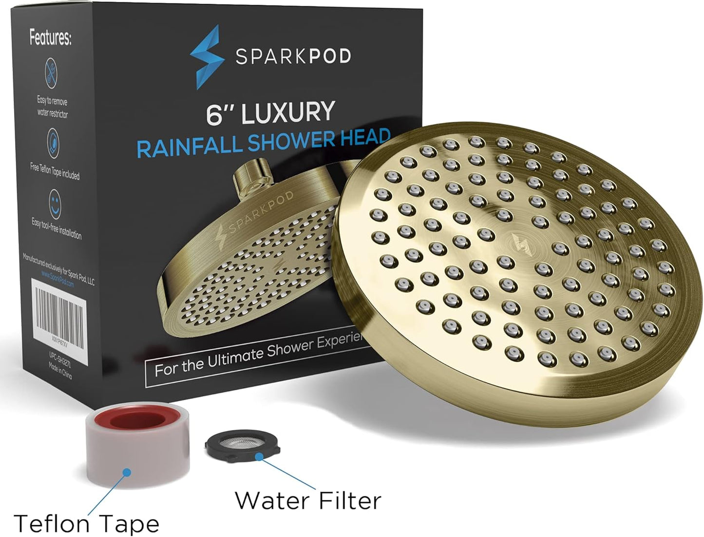 SparkPod Shower Head - High Pressure Rain - Premium Quality Luxury Design - 1-Min Install - Easy Clean Adjustable Replacement for Your Bathroom Shower Heads (Luxury Polished Chrome, 6 Inch Round)