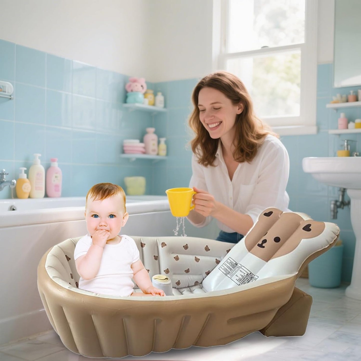 Baby Tubs - Inflatable Toddler Shower Tub - Adjustable Foldable Bathing Support Seat Bathroom Accessories for Beach Pool Outdoor Camping Travel