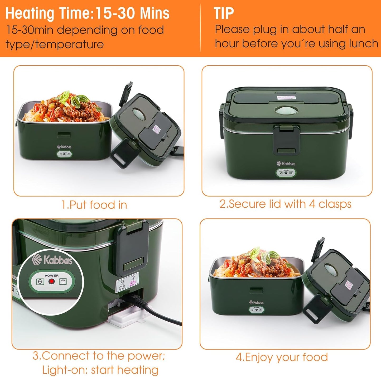 Kabbas 1.8L Portable Electric Lunch Box for Adults, 100W Heated Lunch Box for Men with Removable Dual Container, Fast Heating Food Warmer, 12V/24V/110V for Car Truck Office lonchera eléctrica portátil