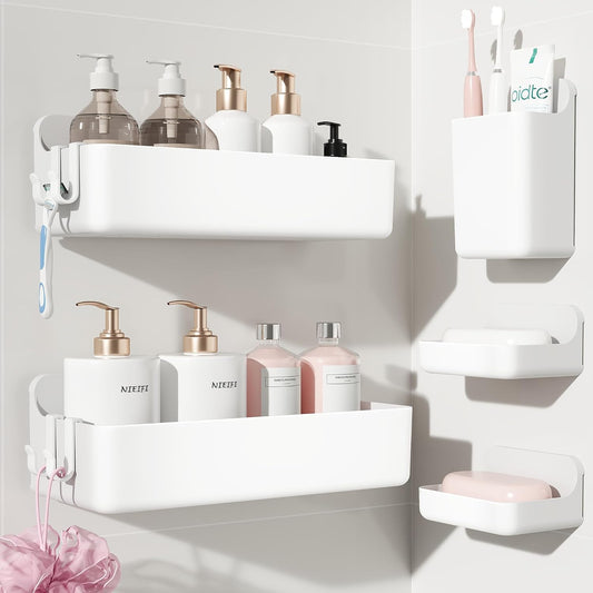 Nieifi Adhesive Wall Shelf,Shower Sheves 5 Pack with Soap Holder,Shower Organizer for Bathroom Organization,White
