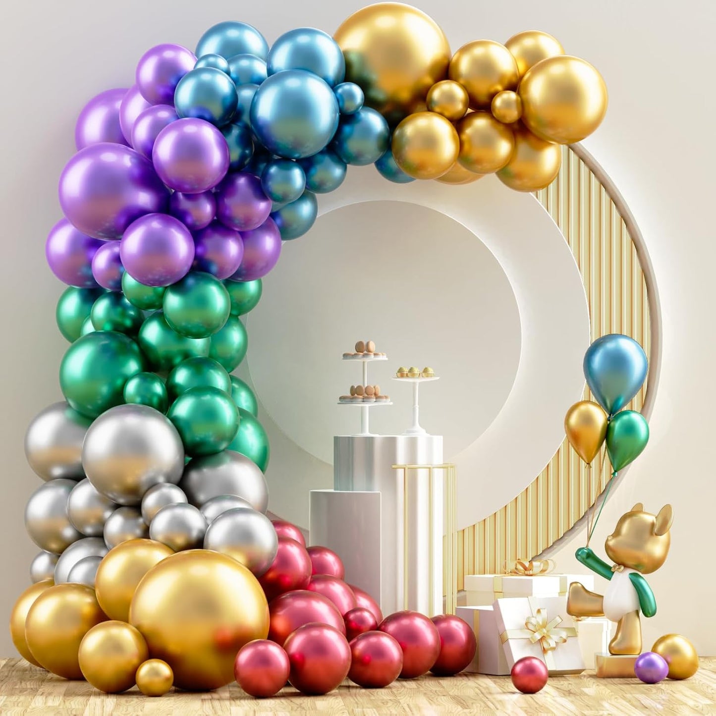 Gold Metallic Chrome Latex Balloon Arch Kit, 102PCS 18In 12In 10In 5In Arch Garland For Festival Picnic, Engagement, Wedding, Birthday Party, Gold Theme Anniversary Decoration With 33FT Ribbon