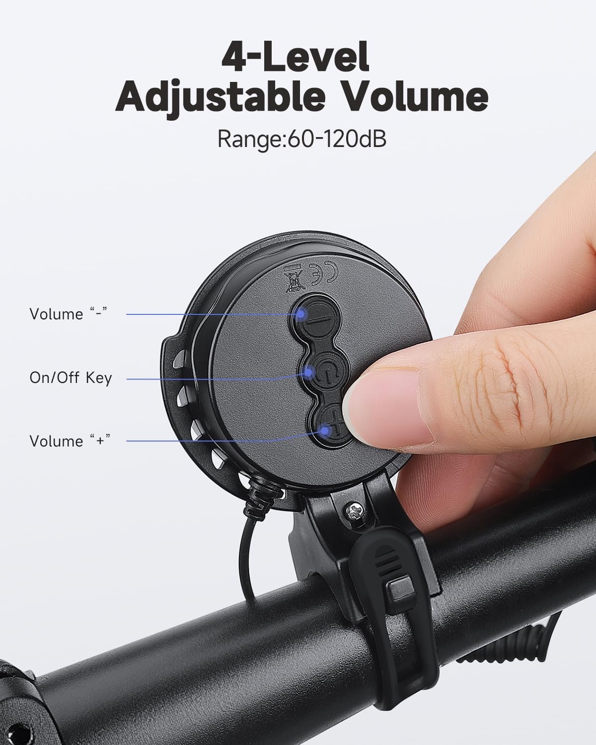 EQIIO Electric Bike Horn 120dB - 4 Sound Modes & Volume Adjustable, USB-C Rechargeable Bicycle Horn IP65 Waterproof, Dual Mount Bike Bell for Road Bike/Mountain Bike/Scooter (Compact & Anti-Slip)