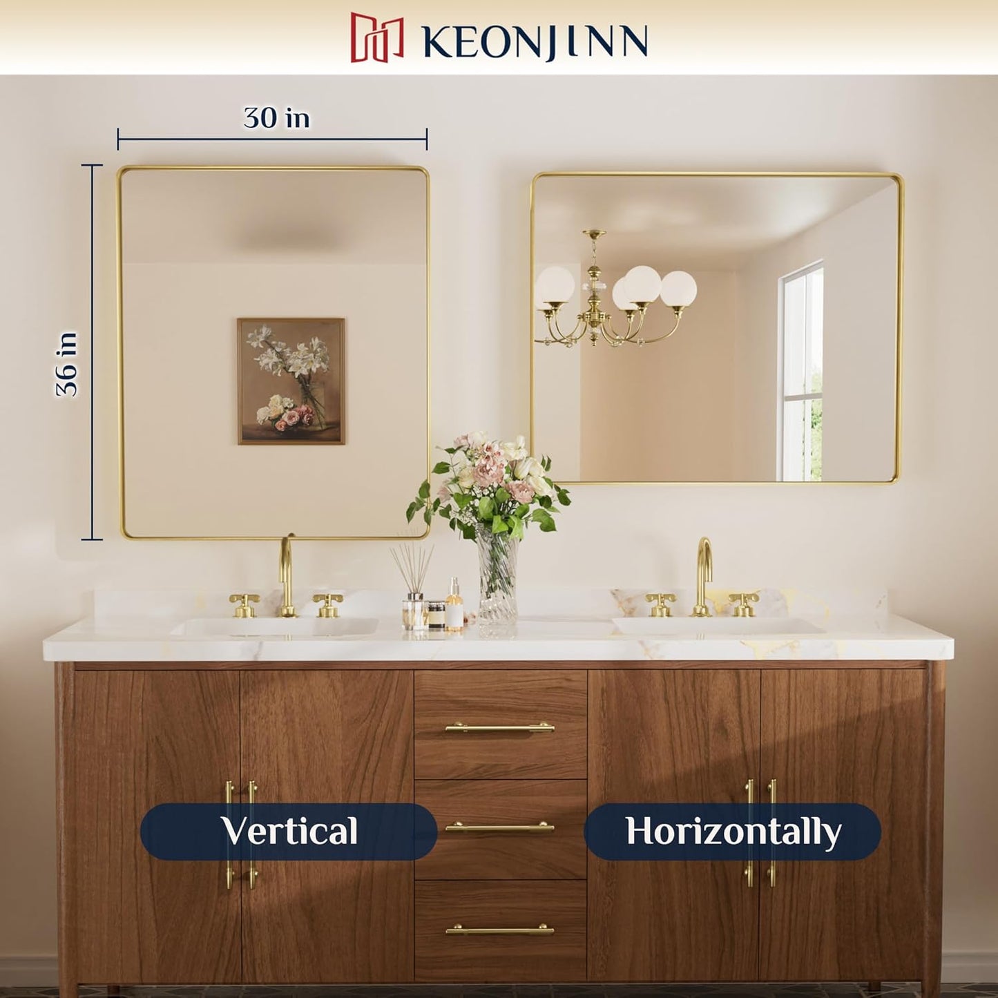 Keonjinn 42 x 36 Brushed Nickel Bathroom Vanity Mirror, Large Rounded Rectangle Bathroom Mirrors for over Sink, Metal Framed Silver Mirror for Wall, Shatterproof HD Tempered Glass(Horizontal/Vertical)